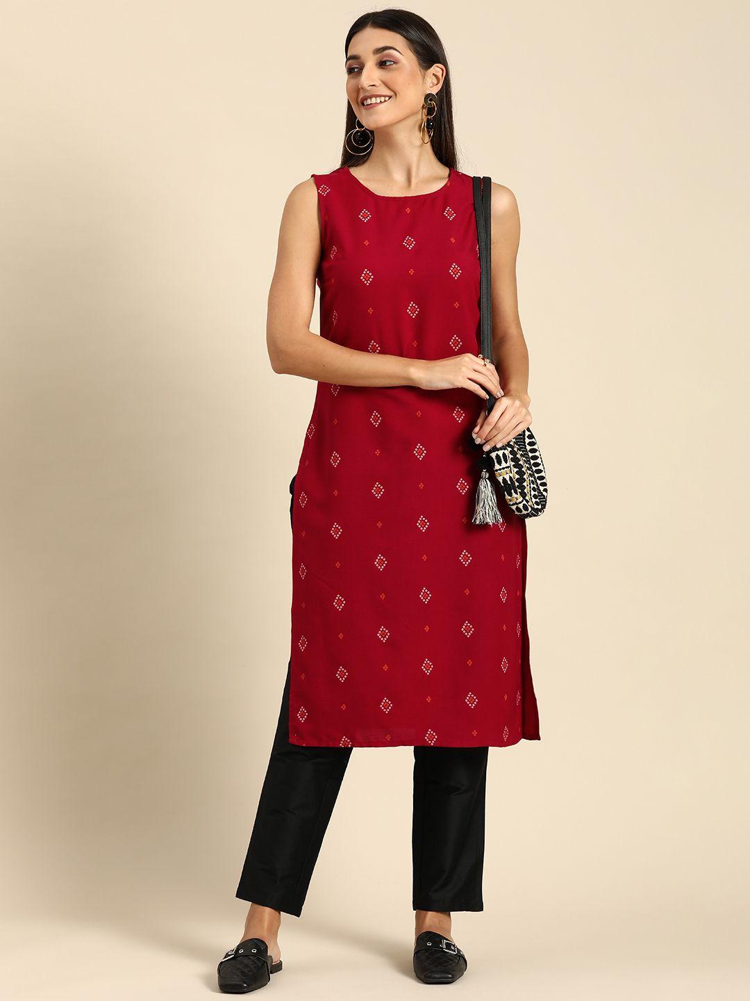 anouk women red bandhani printed kurta