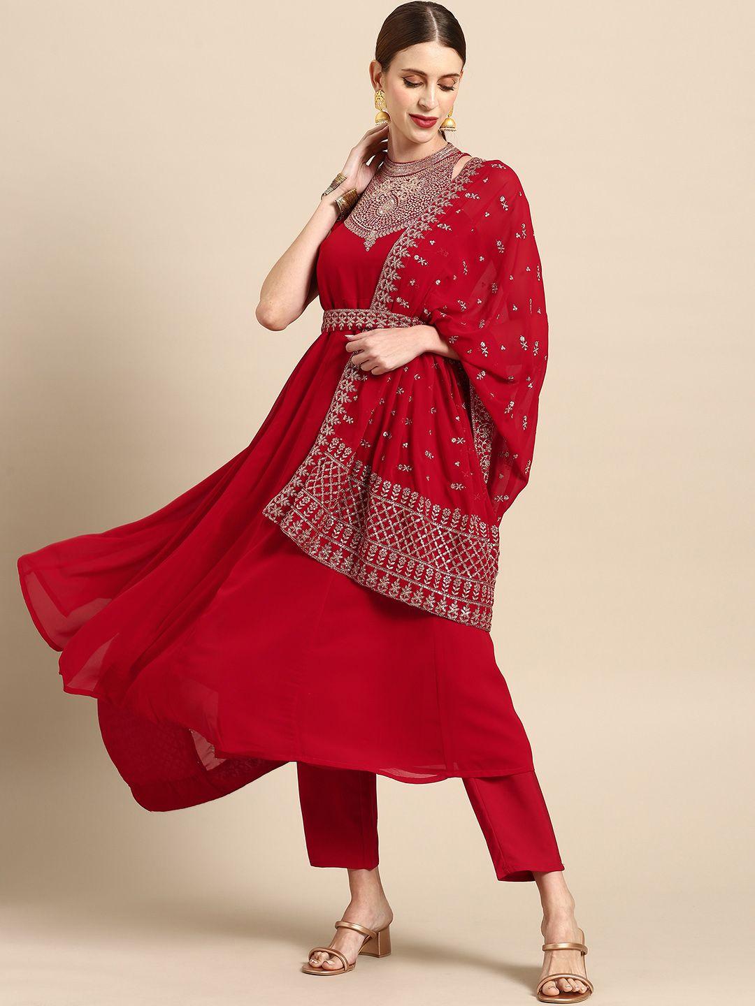 anouk women red ethnic motifs embroidered kurta with trousers & dupatta