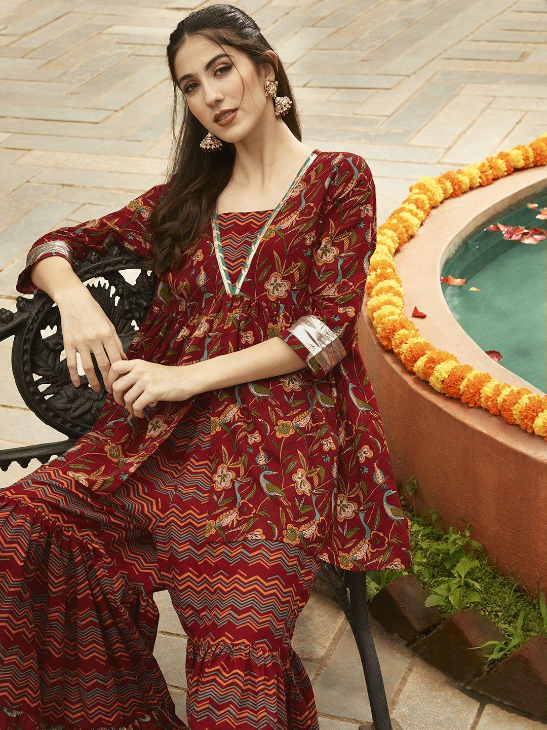 anouk women red ethnic motifs printed empire pure cotton kurti with sharara