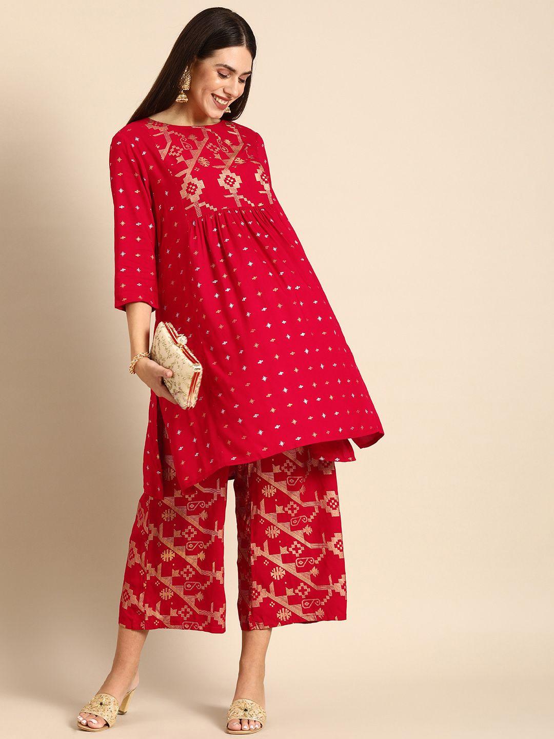 anouk women red ethnic motifs printed kurta with palazzos