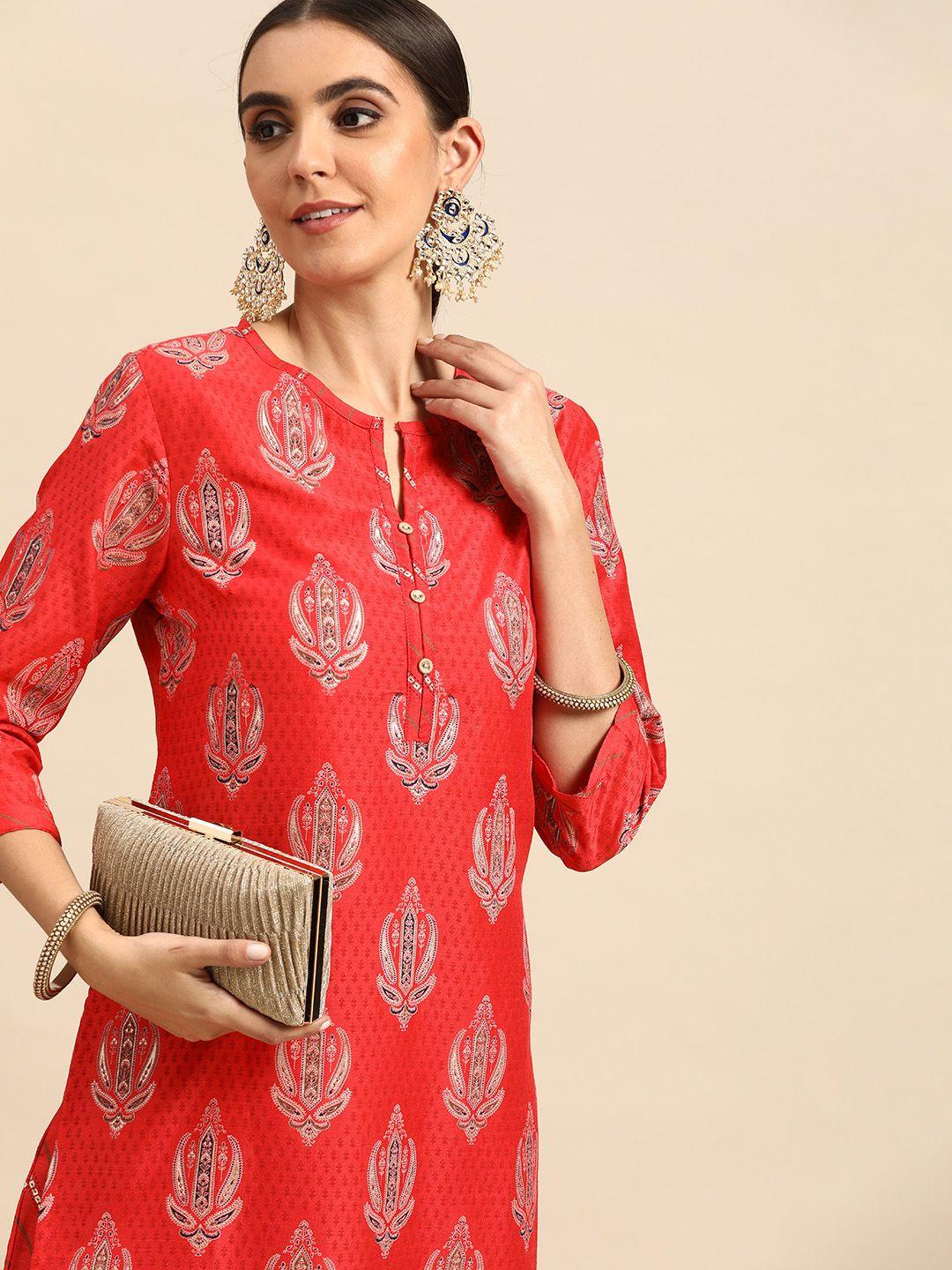 anouk women red ethnic motifs printed kurti with trousers