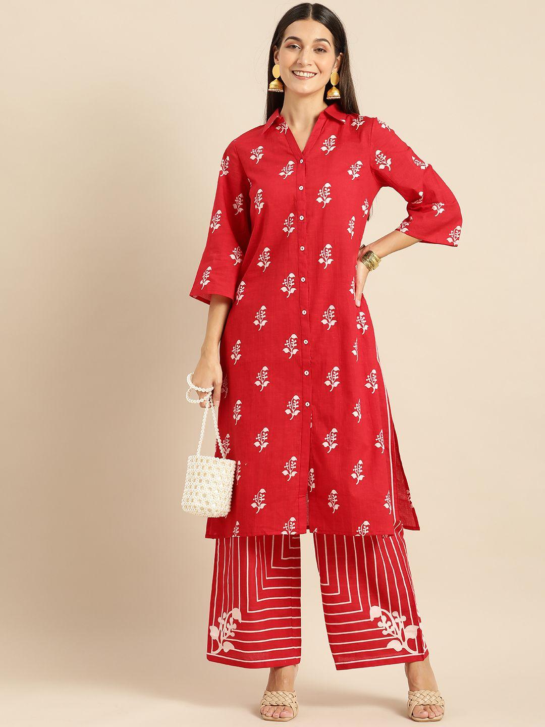 anouk women red ethnic motifs printed pure cotton kurta with palazzos