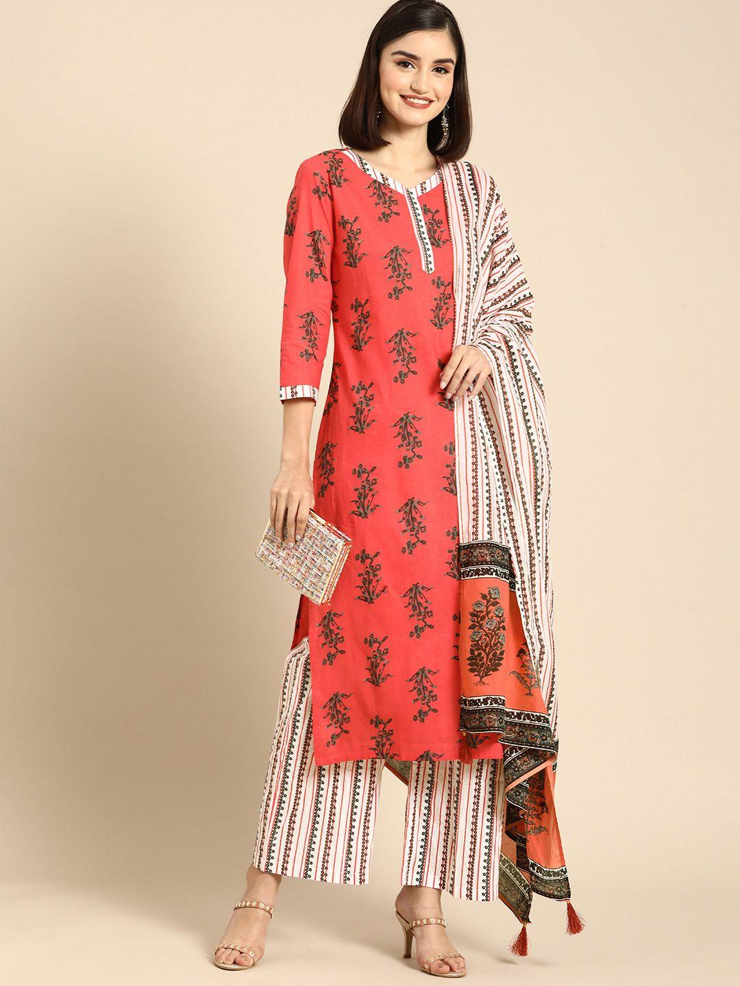 anouk women red ethnic motifs printed regular pure cotton kurta with palazzos & with dupatta