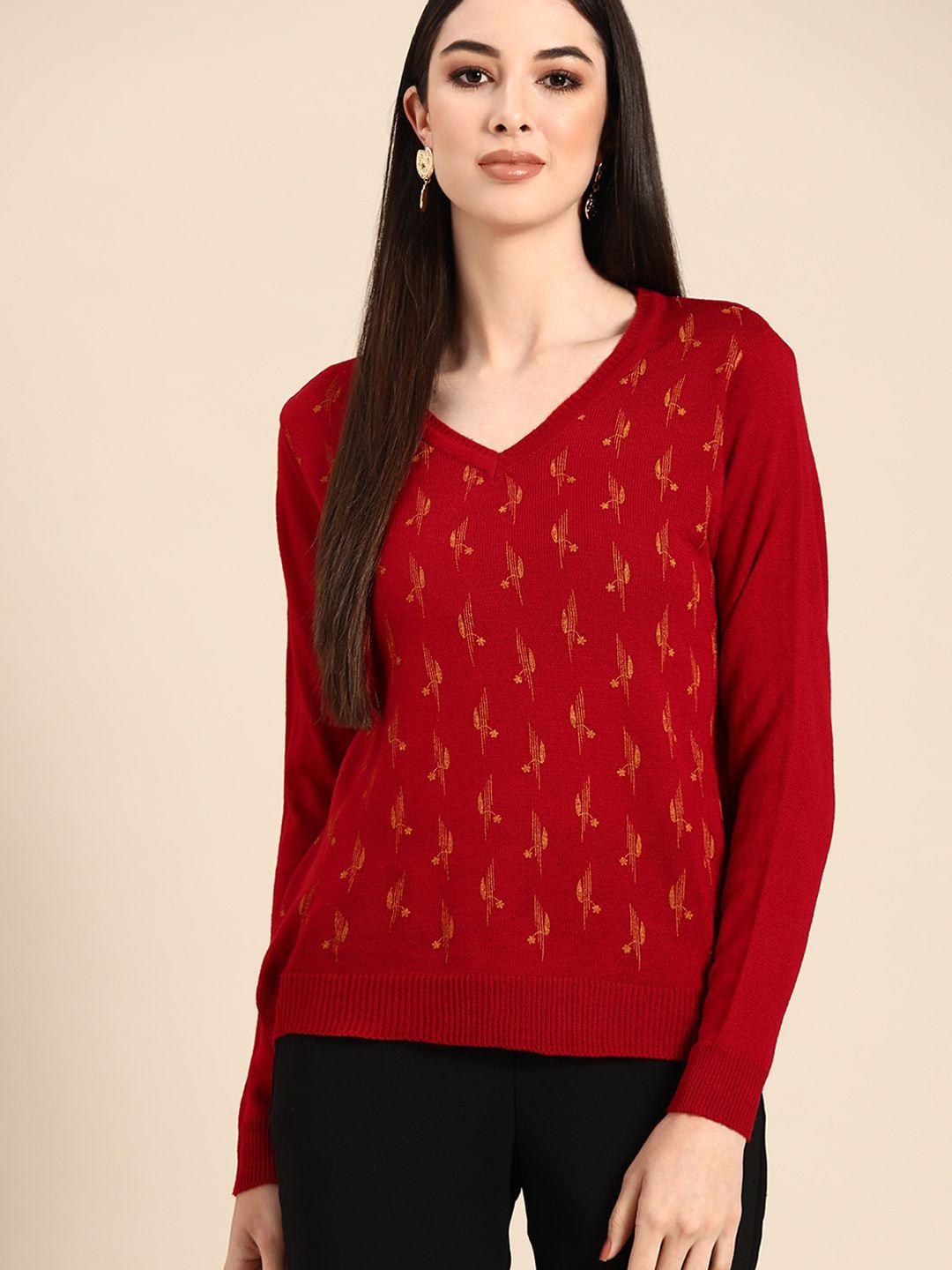 anouk women red ethnic motifs printed winter pullover