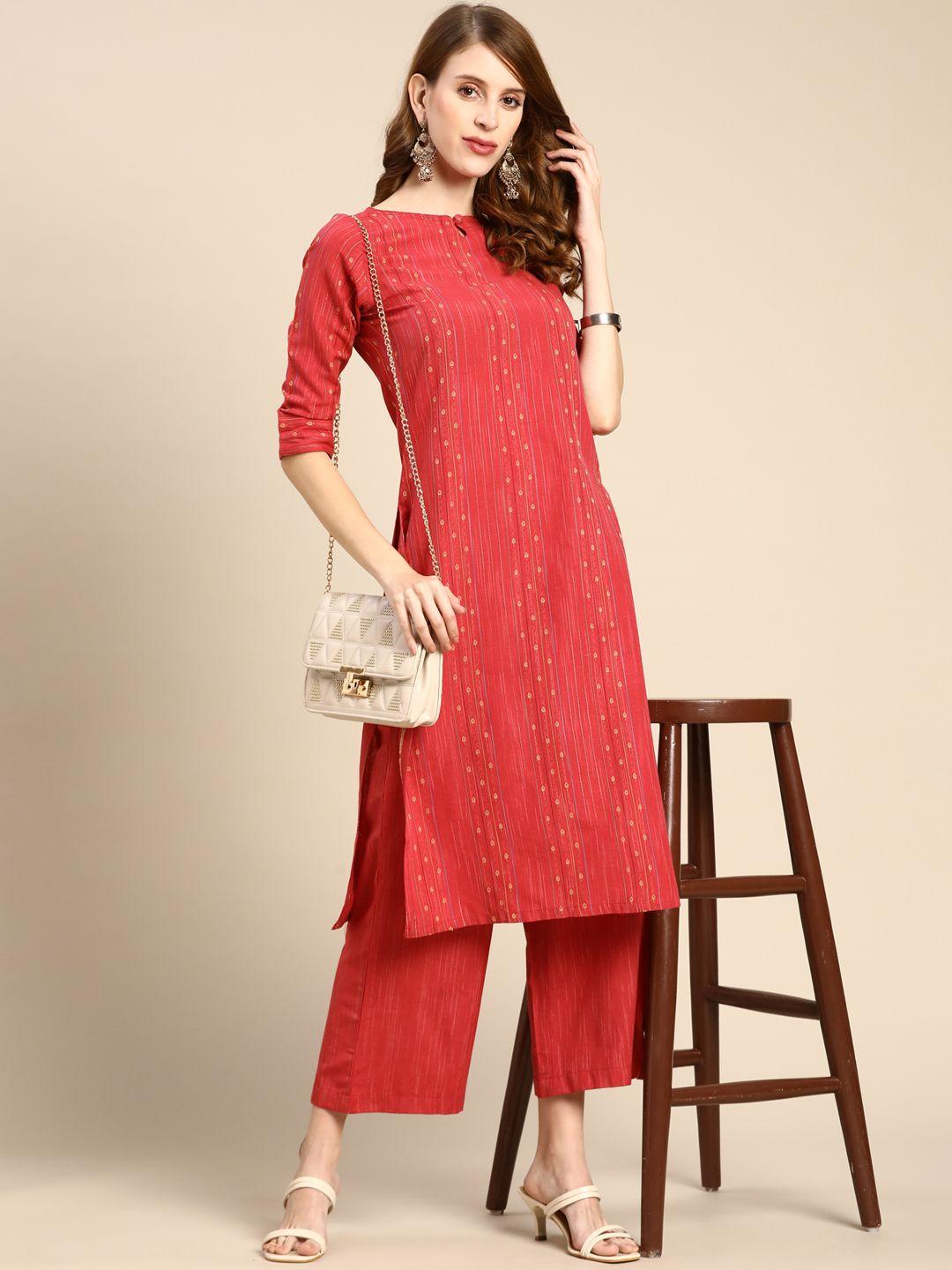 anouk women red ethnic motifs woven design pure cotton kurta with trousers