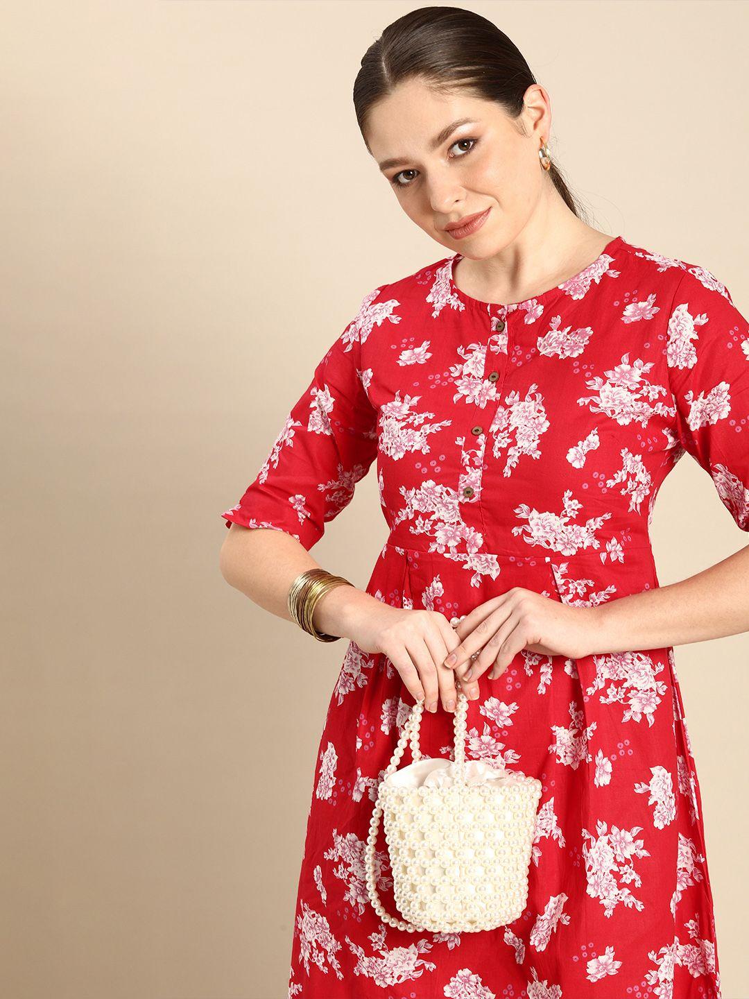 anouk women red floral print a-line dress