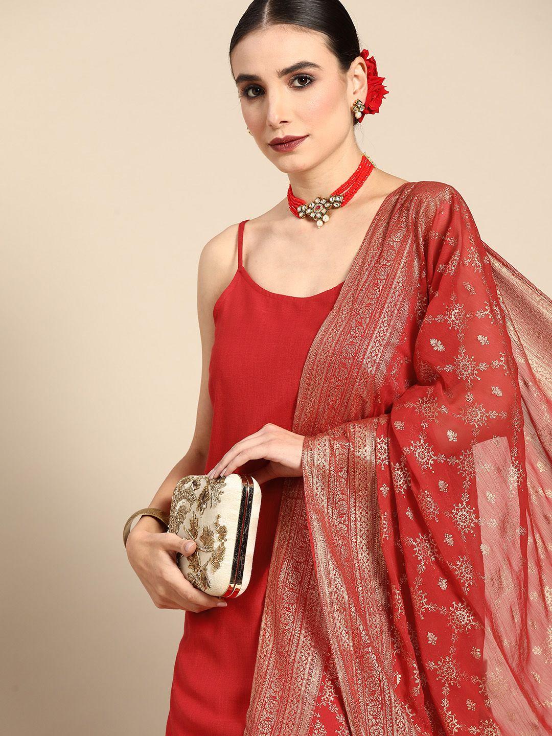 anouk women red kurta with palazzos & with dupatta