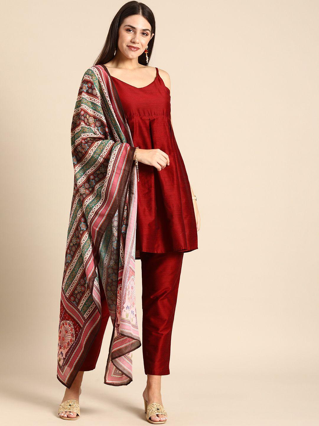 anouk women red pleated kurti with trousers & with dupatta