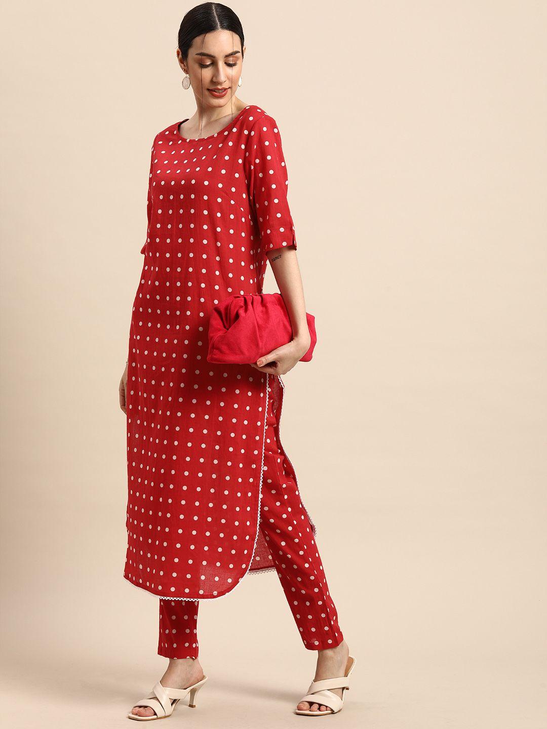 anouk women red polka dots printed  pure cotton kurta with trousers