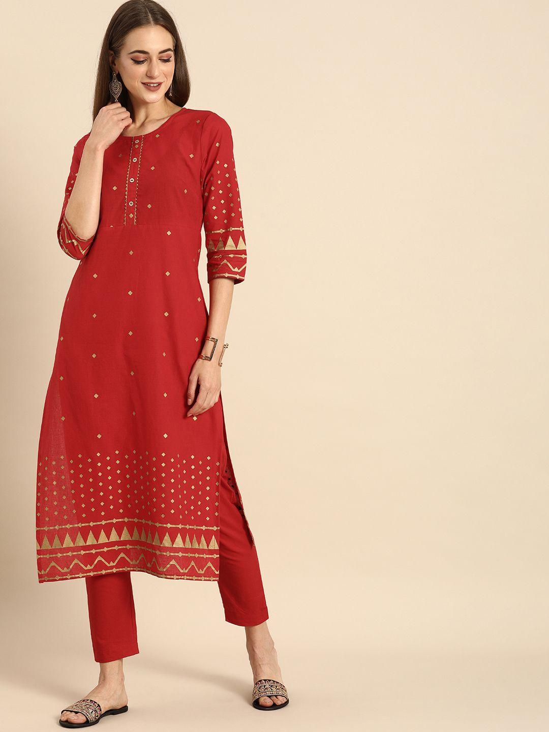 anouk women red printed pure cotton kurta with trousers