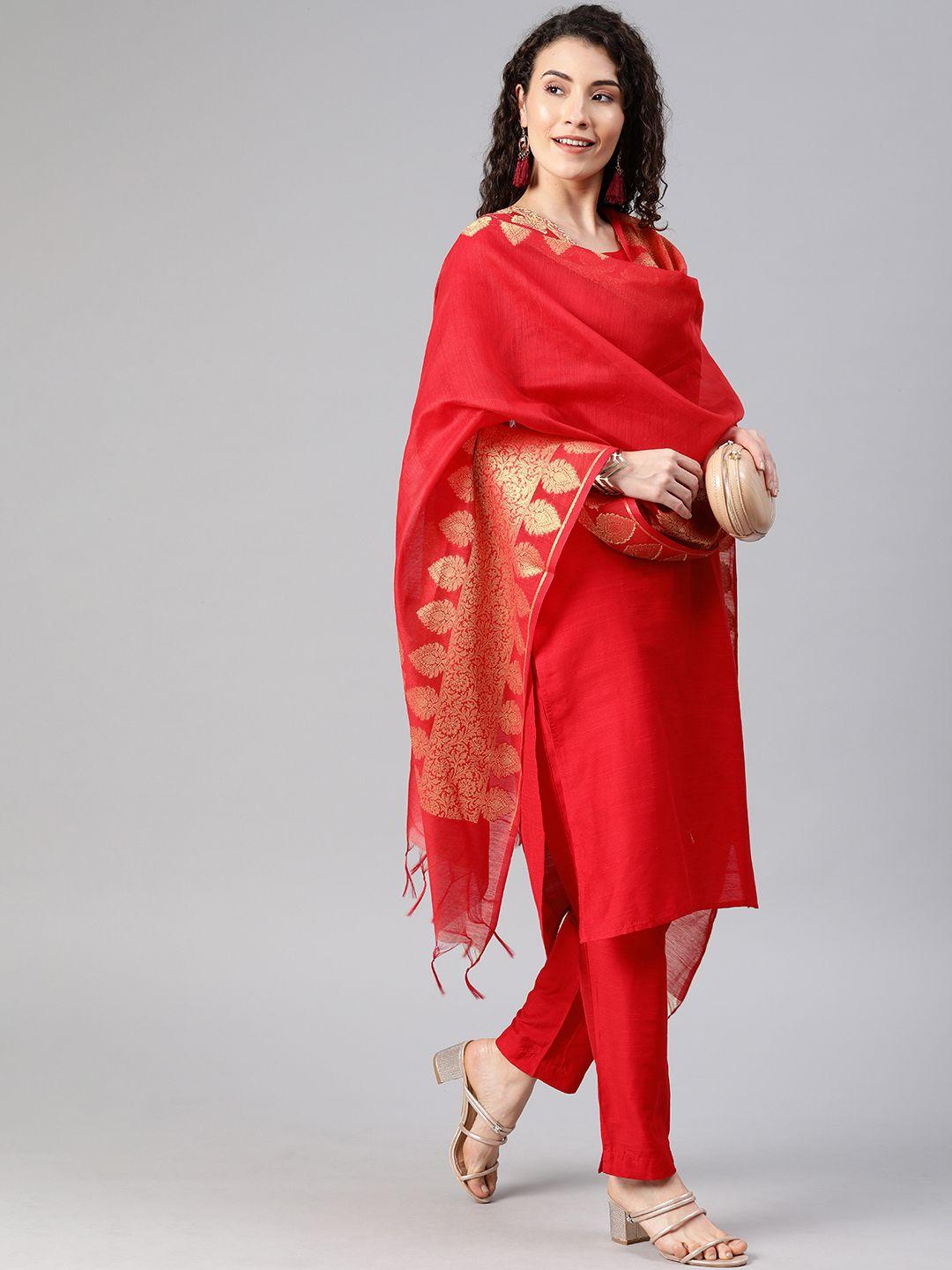 anouk women red solid kurta with trousers & dupatta