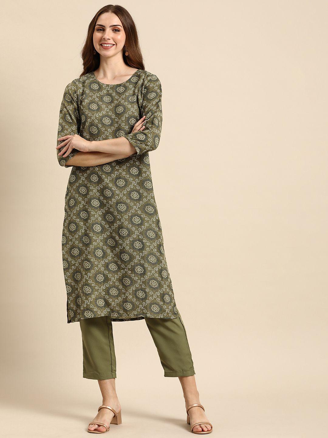 anouk women round neck bandhani printed kurta with trousers