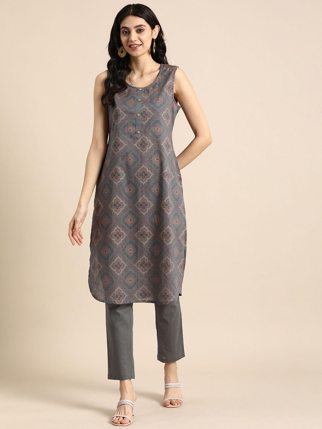 anouk women round neck ethnic motifs printed pure cotton straight kurta & solid trouser