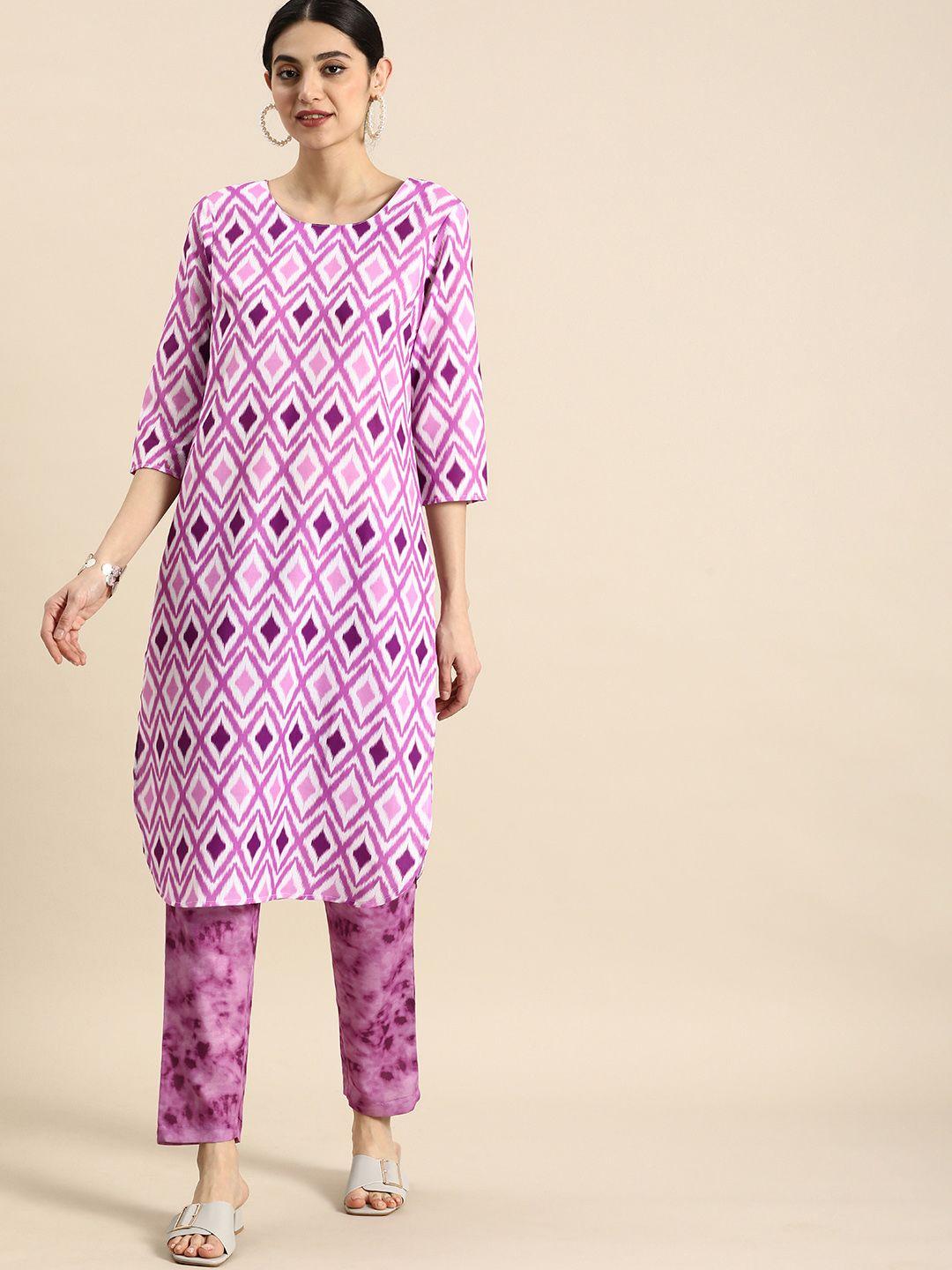 anouk women round neck geometric printed kurta with tie-dye trousers