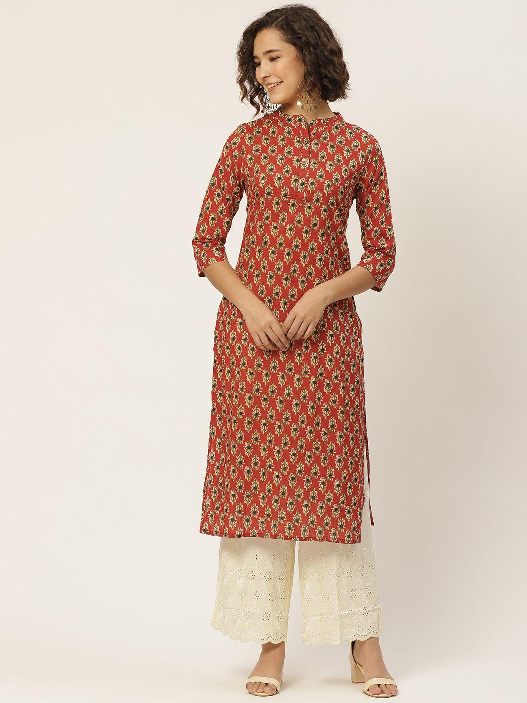 anouk women rust & navy blue ethnic motifs pure cotton printed kurta