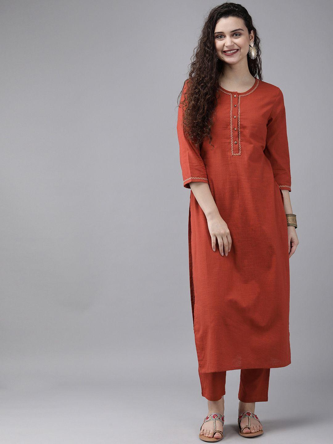 anouk women rust red solid kurta with trousers