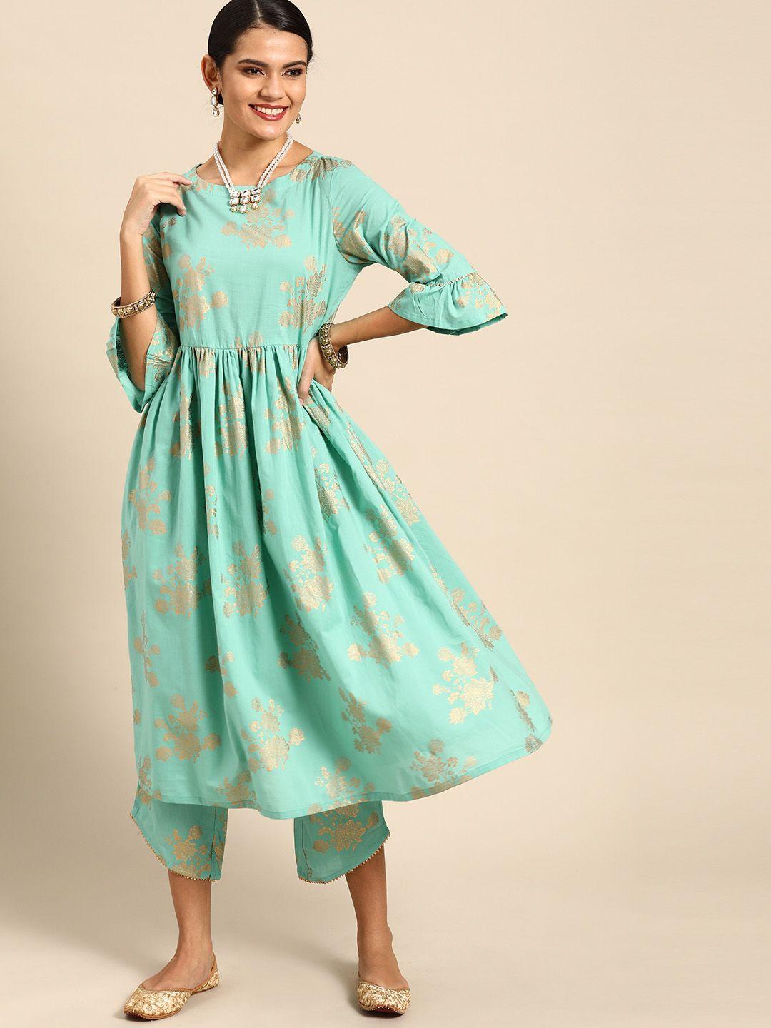anouk women sea green& golden printed pure cotton panelled kurta with trousers
