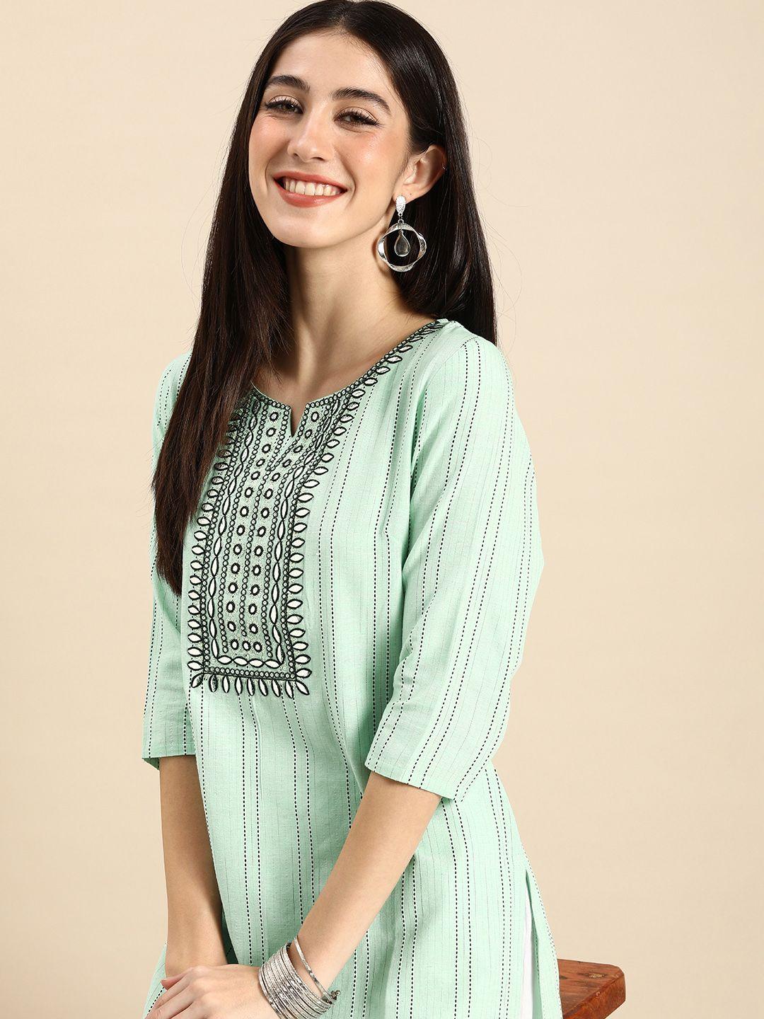 anouk women sea green & black striped yoke design kurta