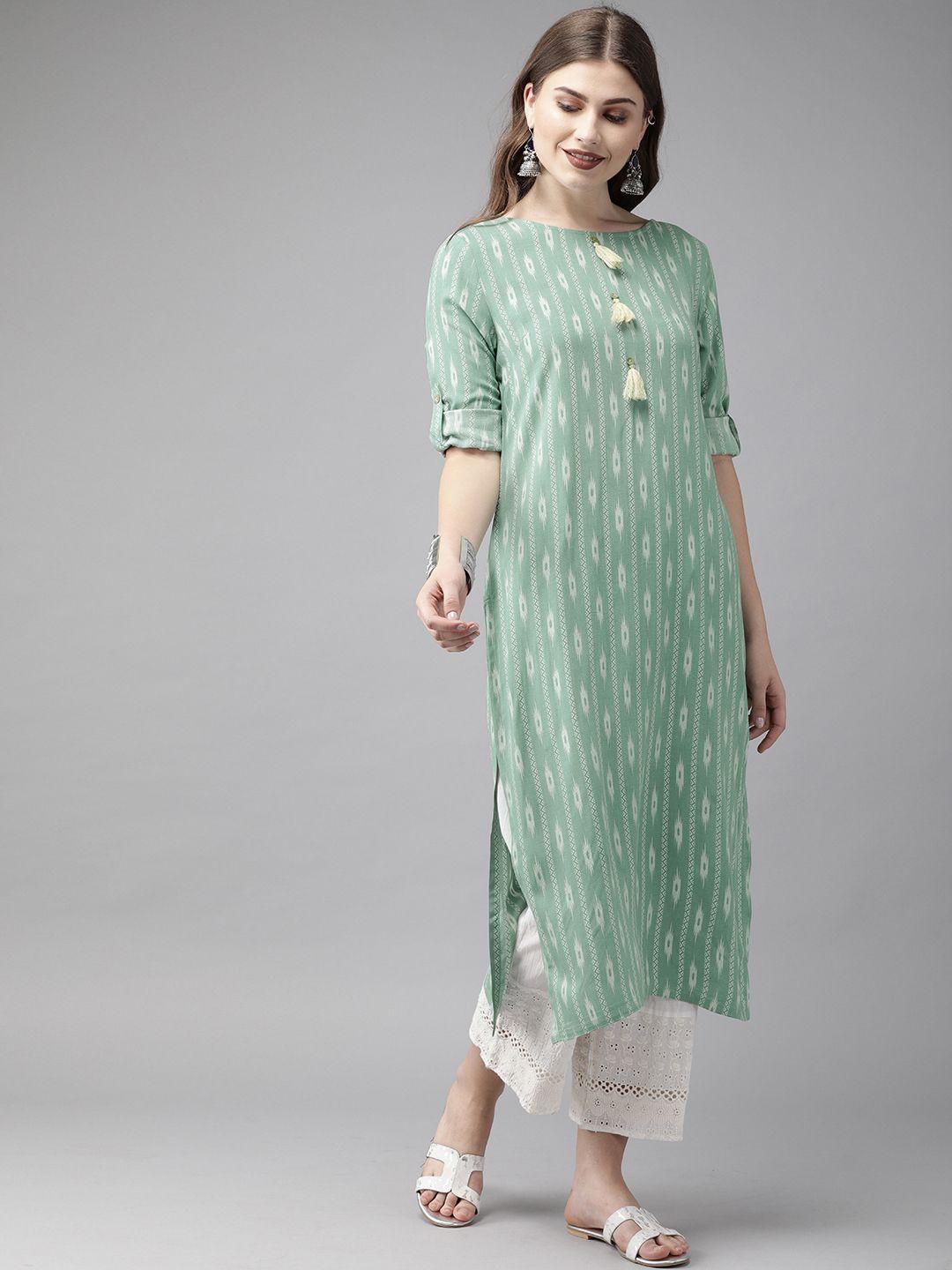 anouk women sea green & off-white ikat printed straight kurta