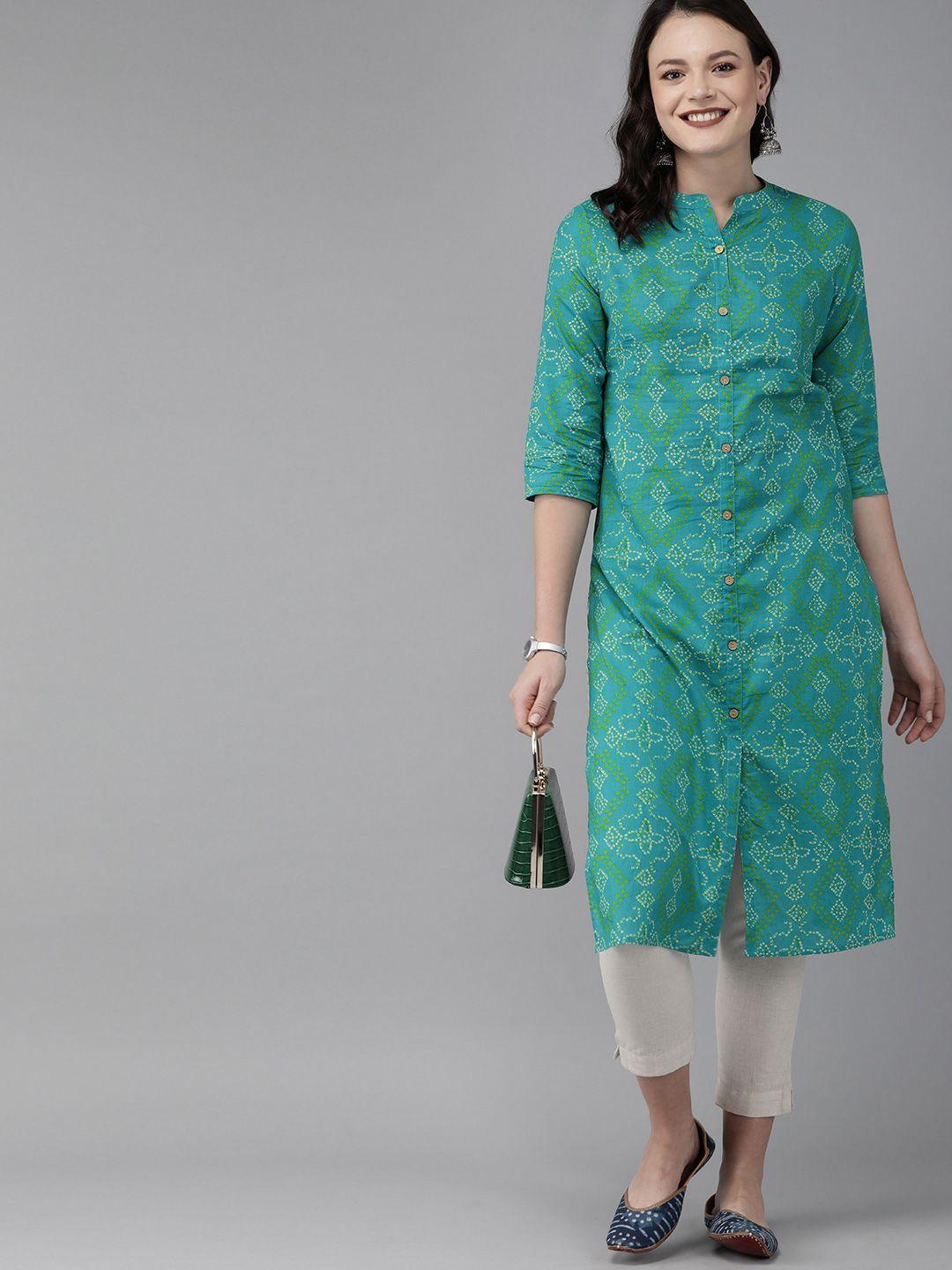 anouk women sea green & white printed straight kurta