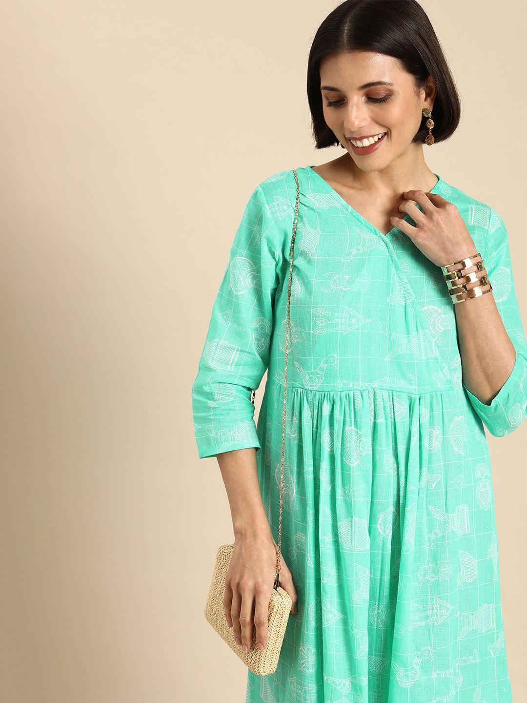 anouk women sea green abstract print pure cotton casual midi dress