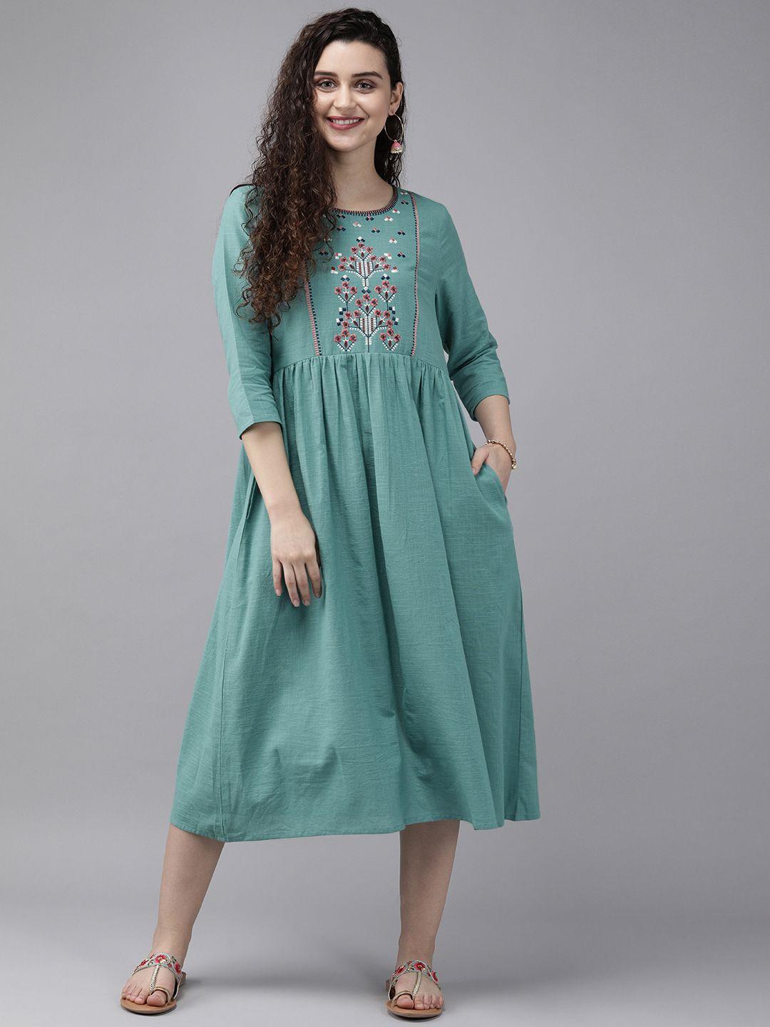 anouk women sea green embroidered a-line kurta