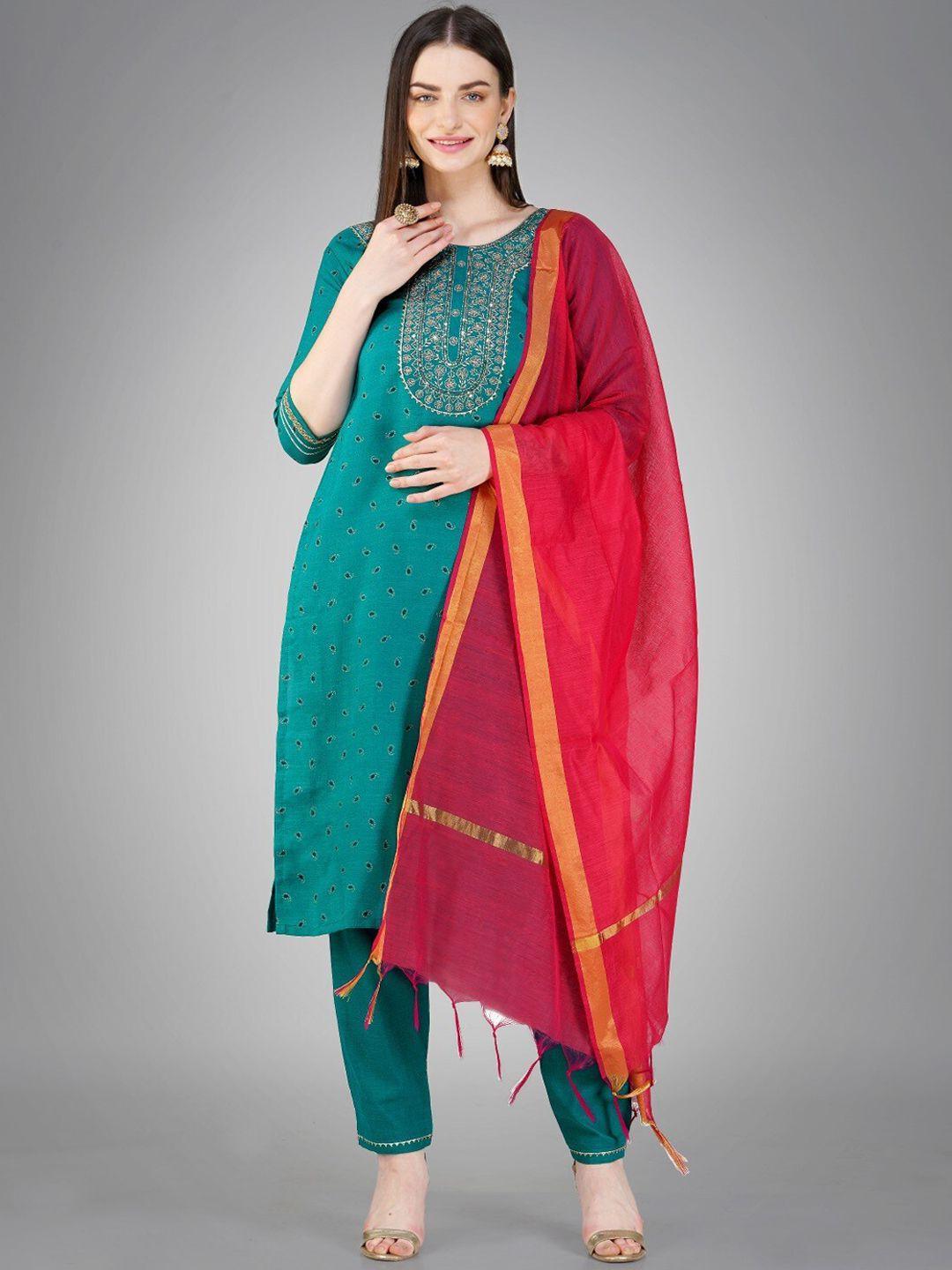 anouk women sea green embroidered regular sequinned kurta with trousers & with dupatta