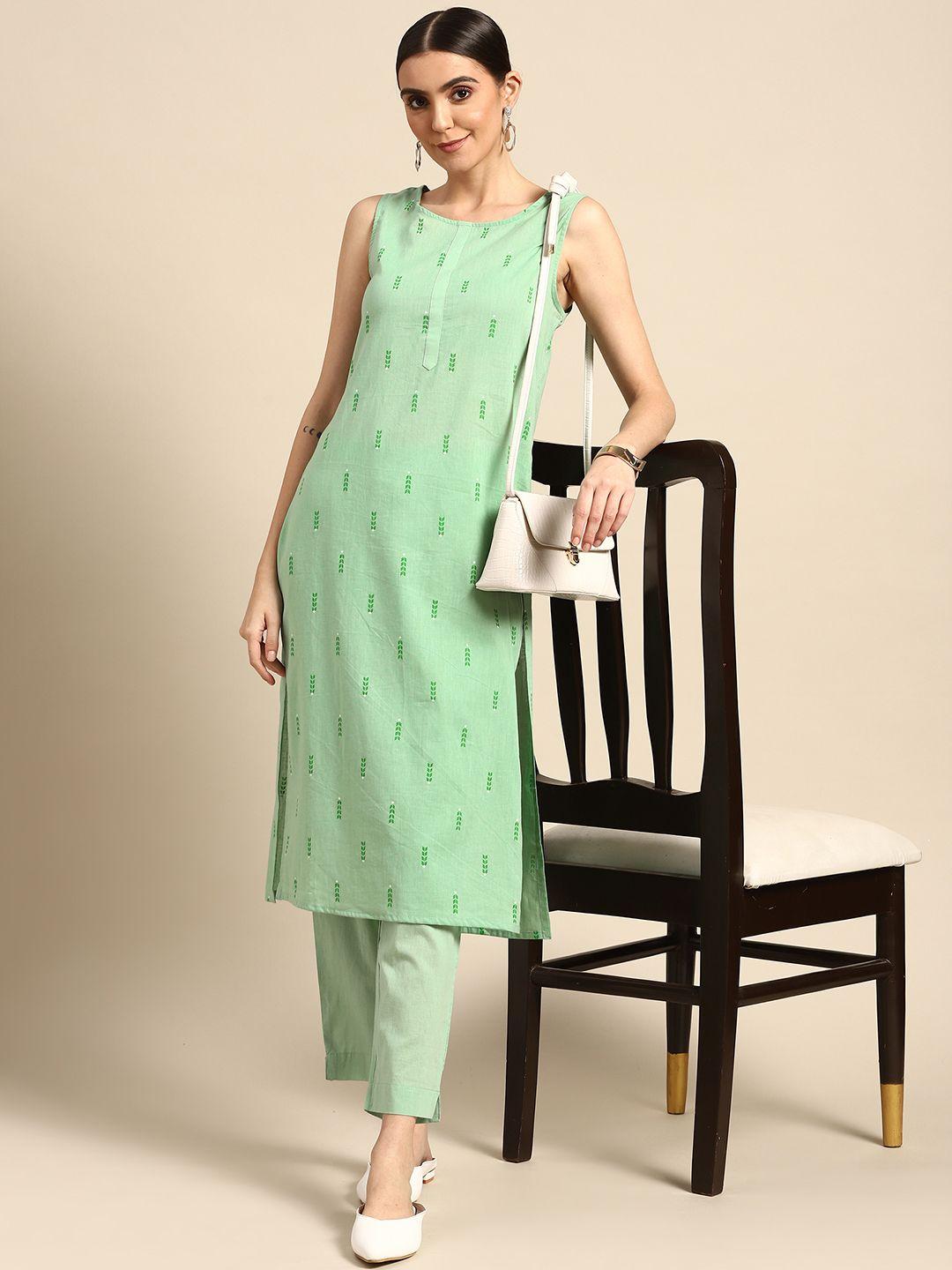 anouk women sea green ethnic motifs printed pure cotton kurta with trousers