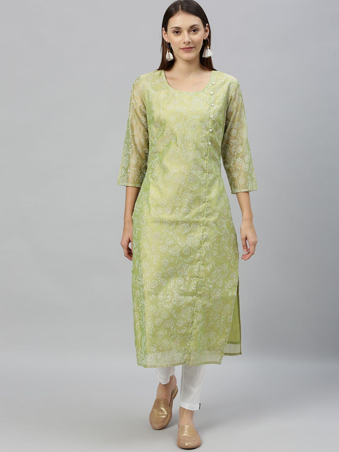 anouk women sea green printed straight kurta