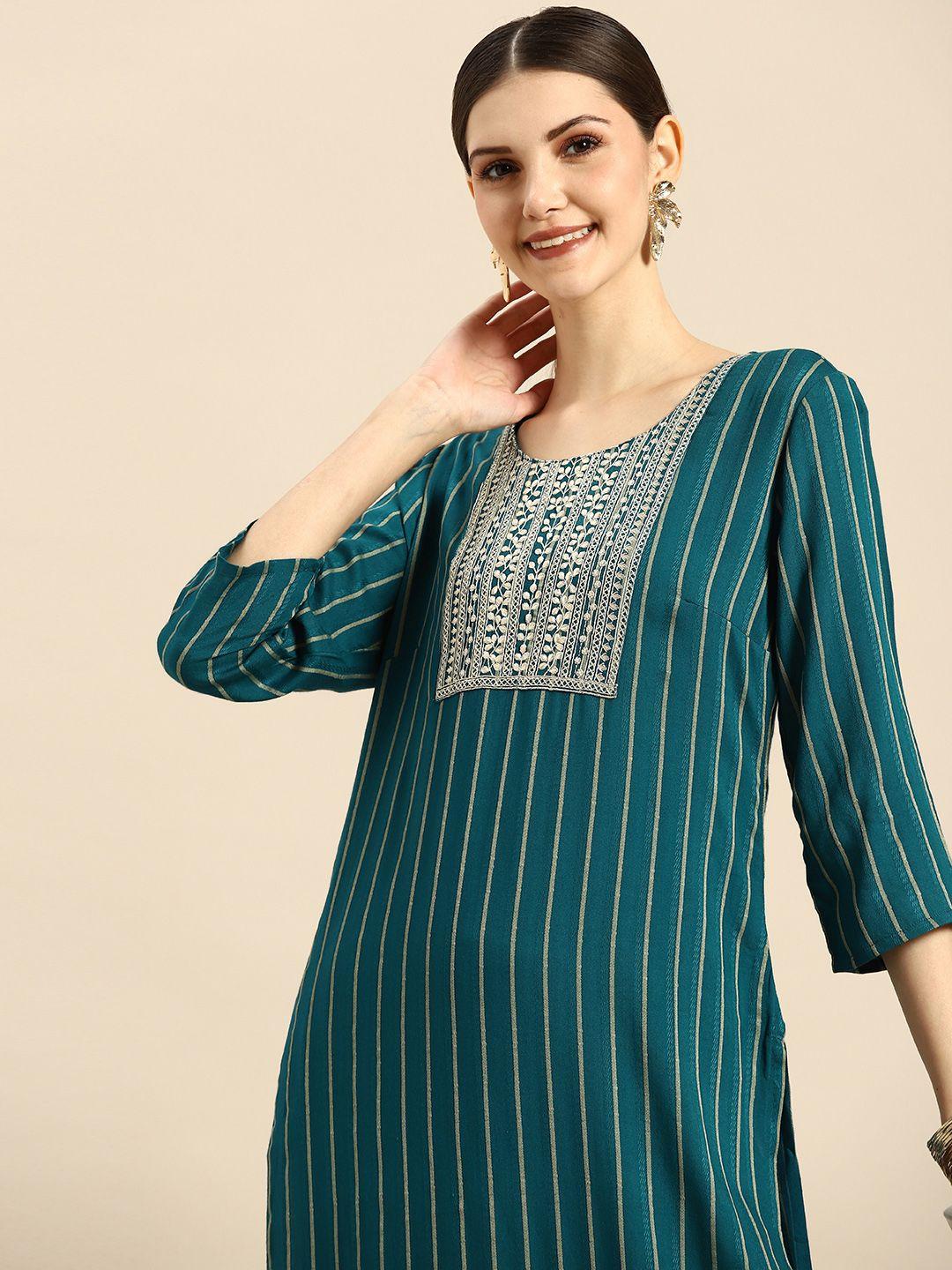 anouk women sea green striped thread work kurta