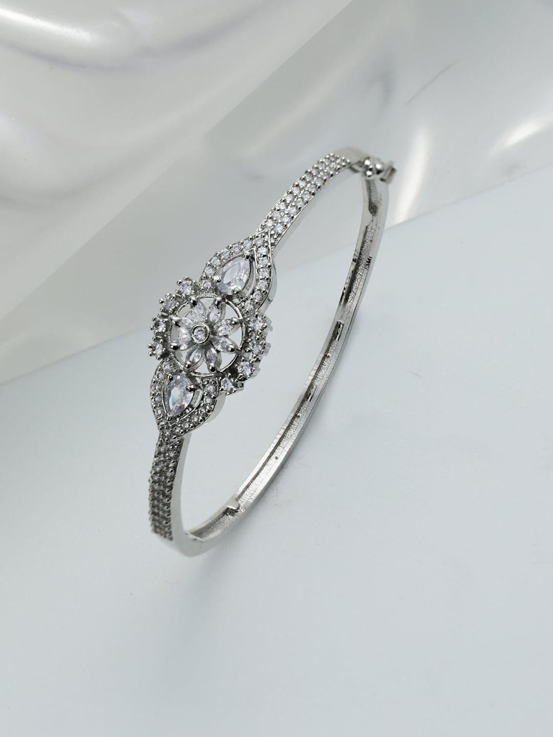 anouk women silver-toned & white brass american diamond silver-plated kada bracelet