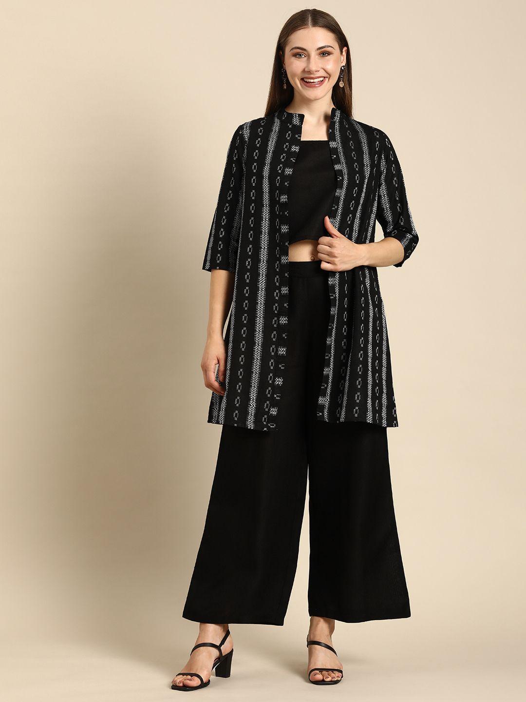 anouk women solid crop top & palazzos co-ord set comes with a shrug