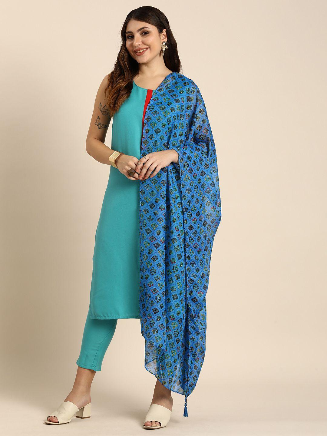 anouk women solid regular kurta with trousers & printed dupatta