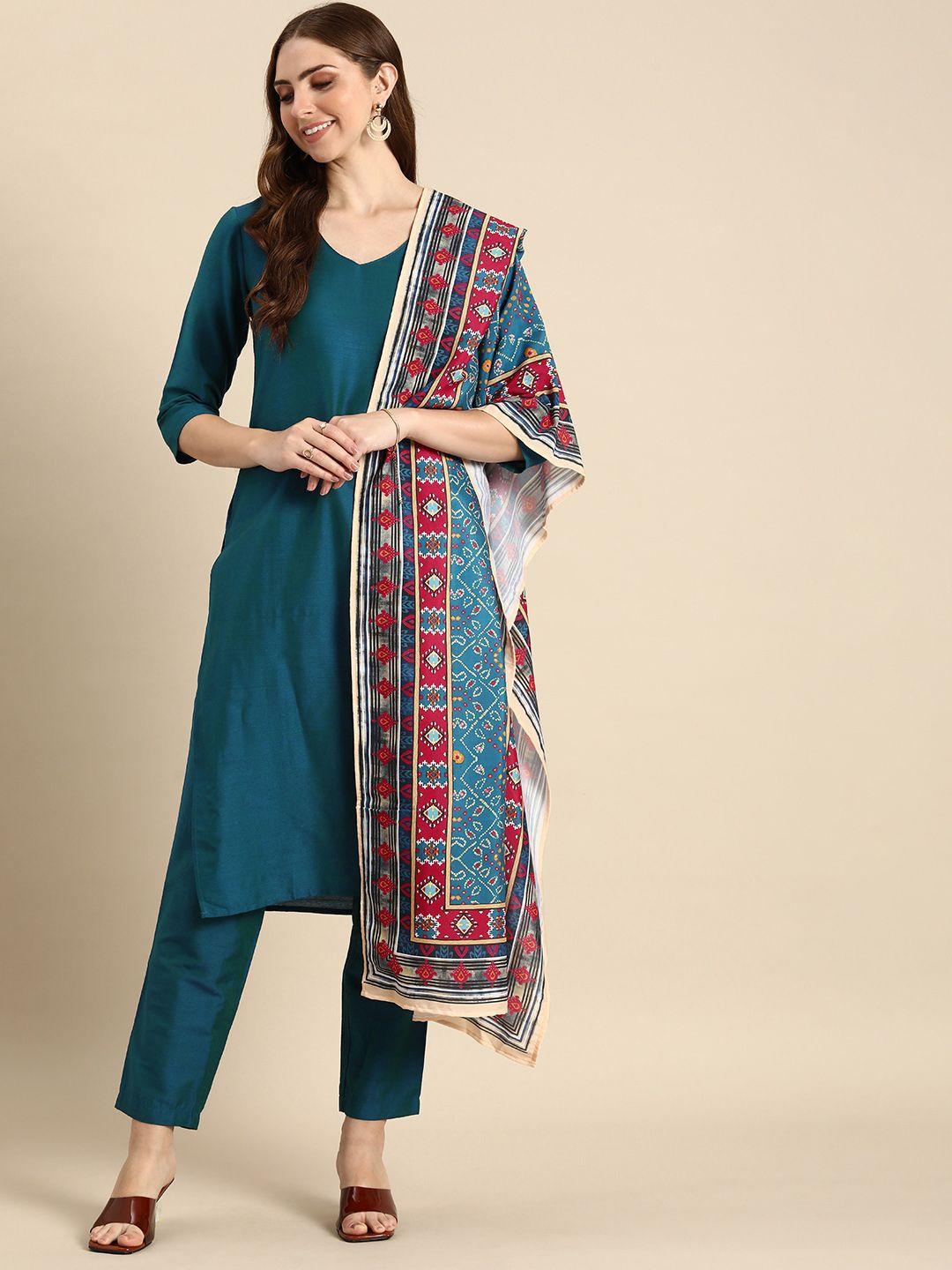 anouk women solid regular kurta with trousers & with dupatta