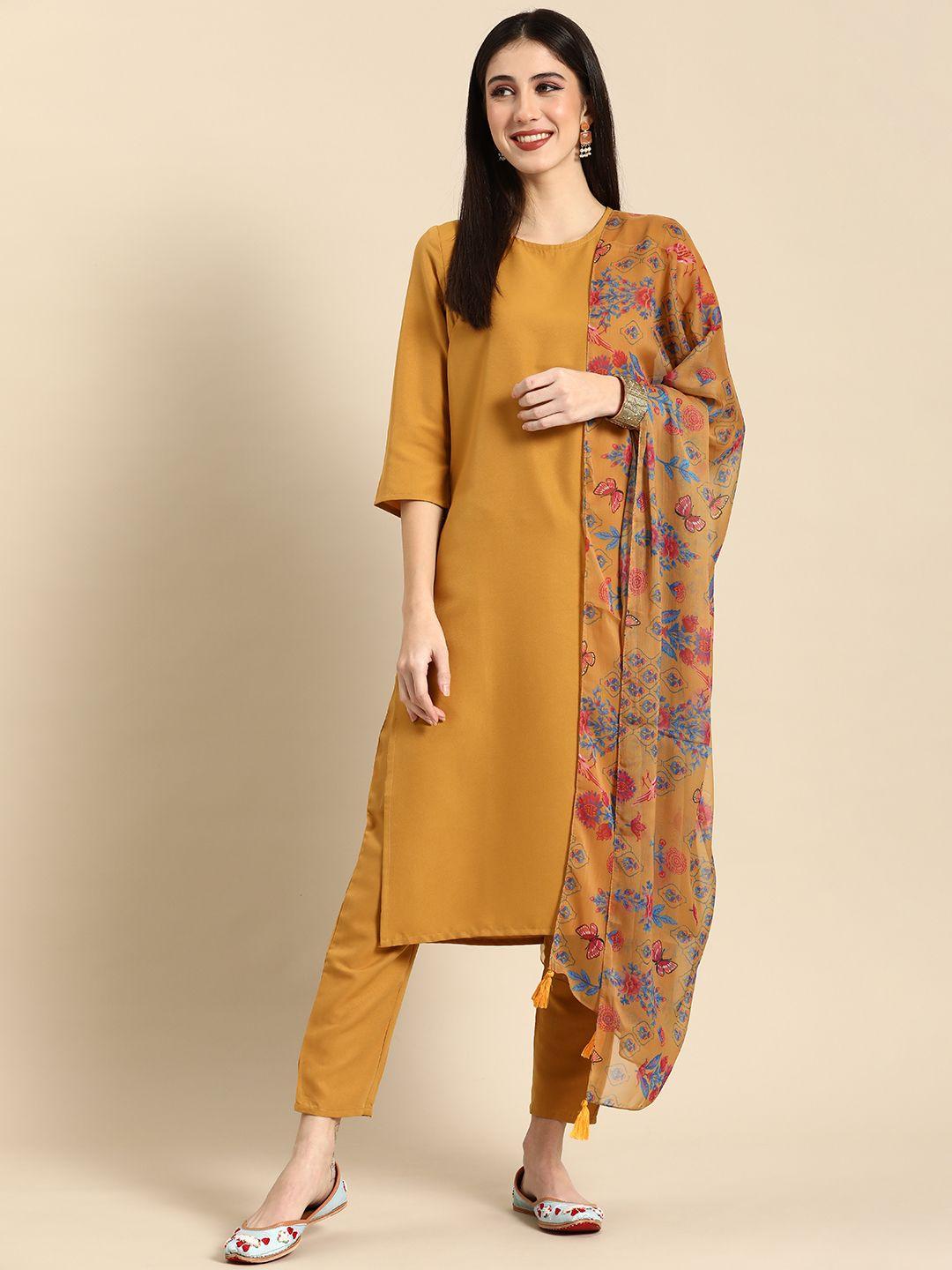 anouk women solid straight kurta with trousers & dupatta