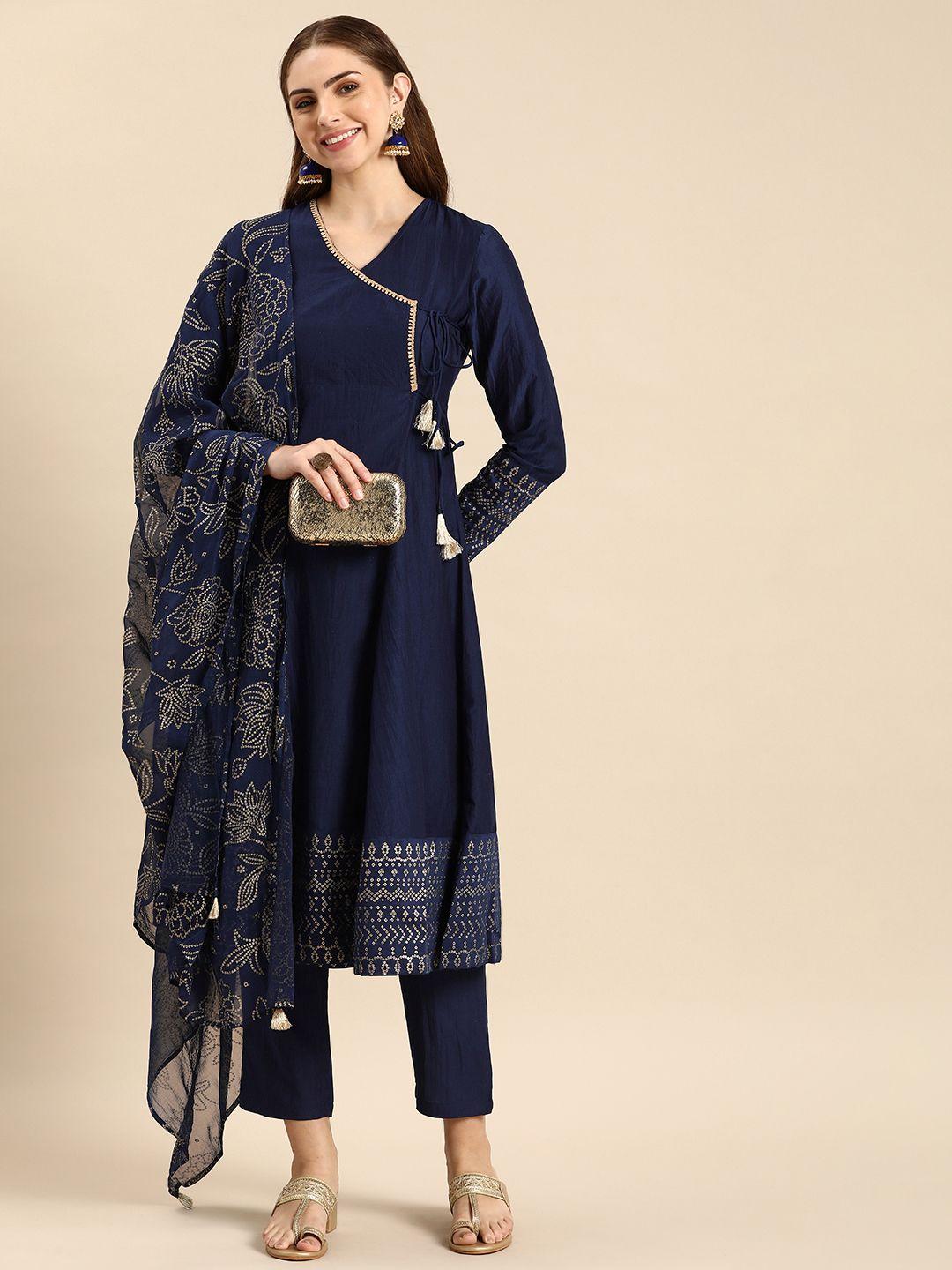 anouk women solid with printed boarder angrakha kurta with trousers & dupatta