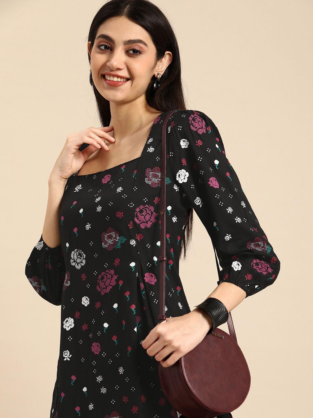 anouk women square neck floral printed a-line kurta