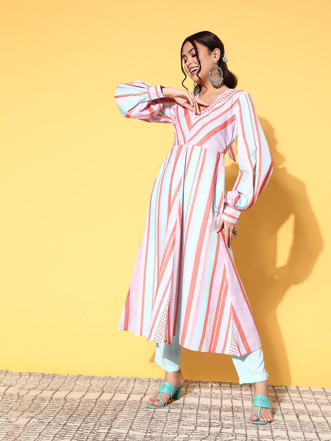 anouk women striped polyester vacation stripes kurta set