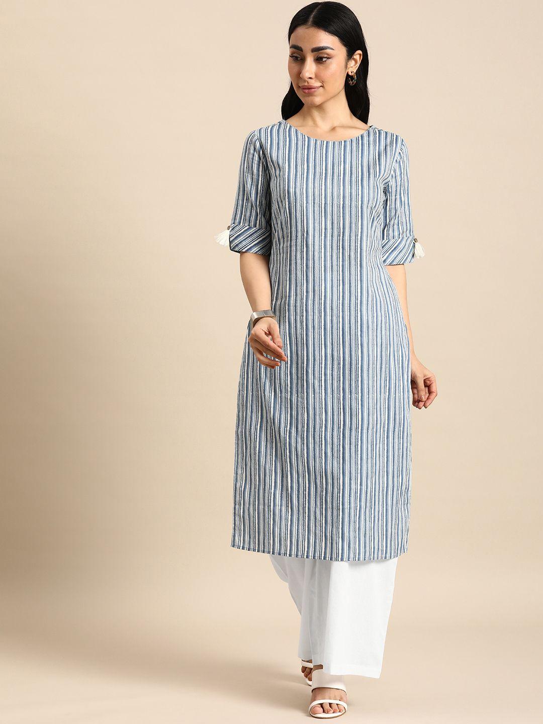 anouk women striped regular pure cotton kurta with palazzos