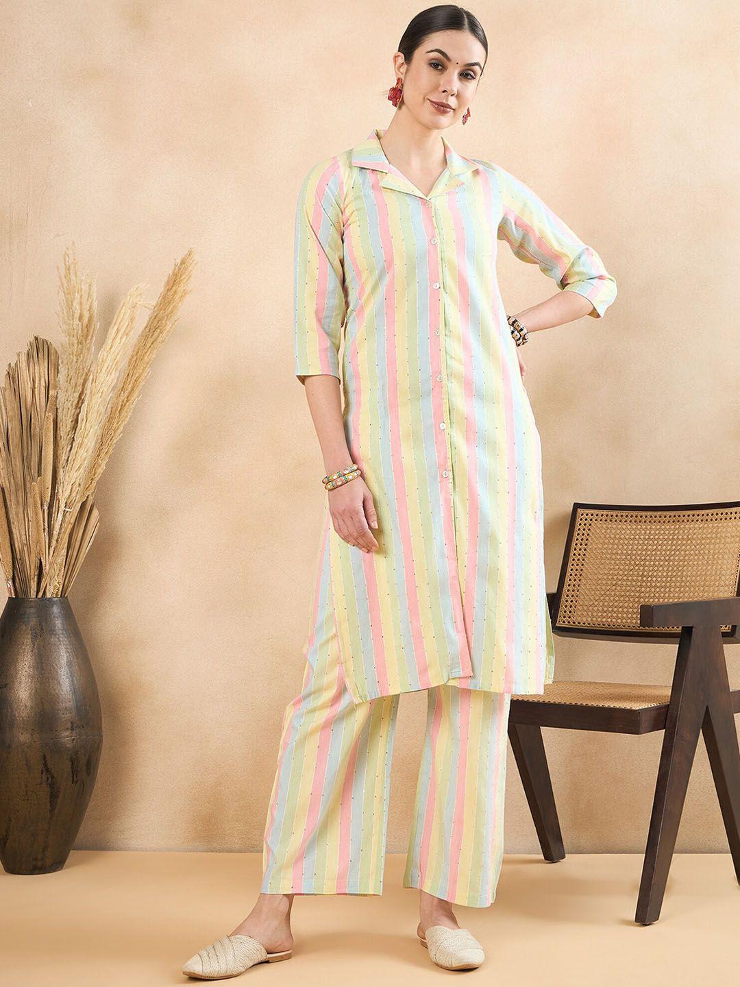 anouk women striped regular sequinned pure cotton kurta with trousers