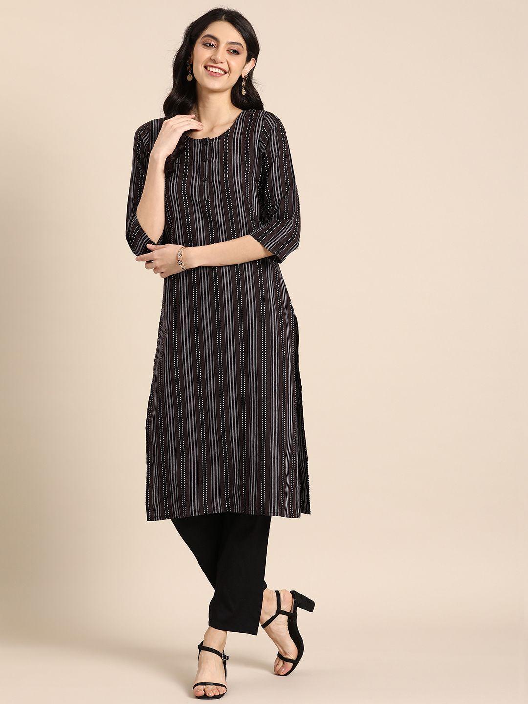 anouk women striped round neck regular kurta with trousers