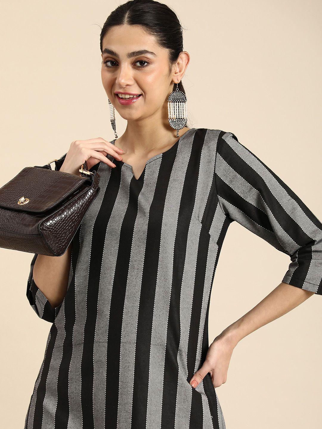 anouk women striped thread work straight kurta