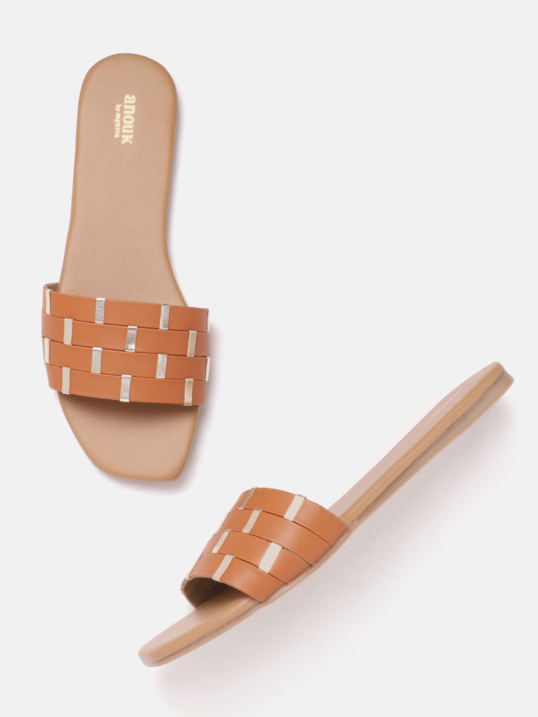 anouk women tan brown & gold-toned open toe flats
