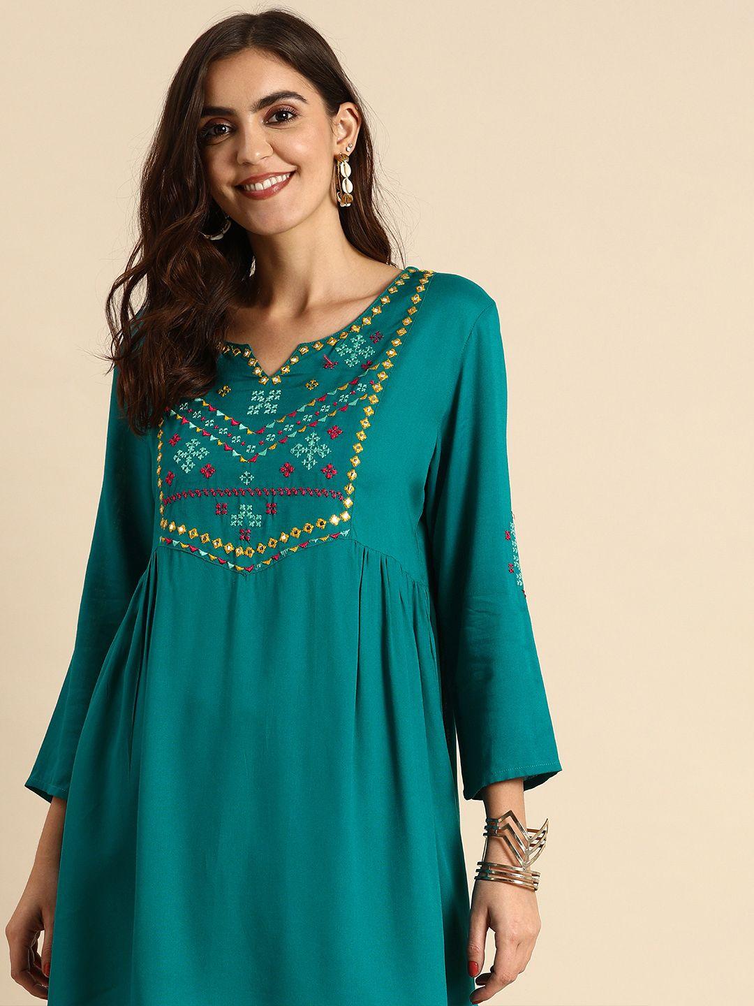 anouk women teal & multicoloured yoke design kurta with dhoti pants