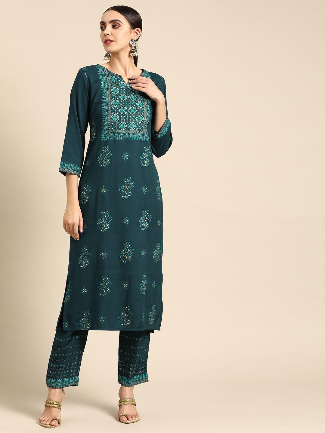 anouk women teal blue & cream-coloured floral print kurti with palazzos