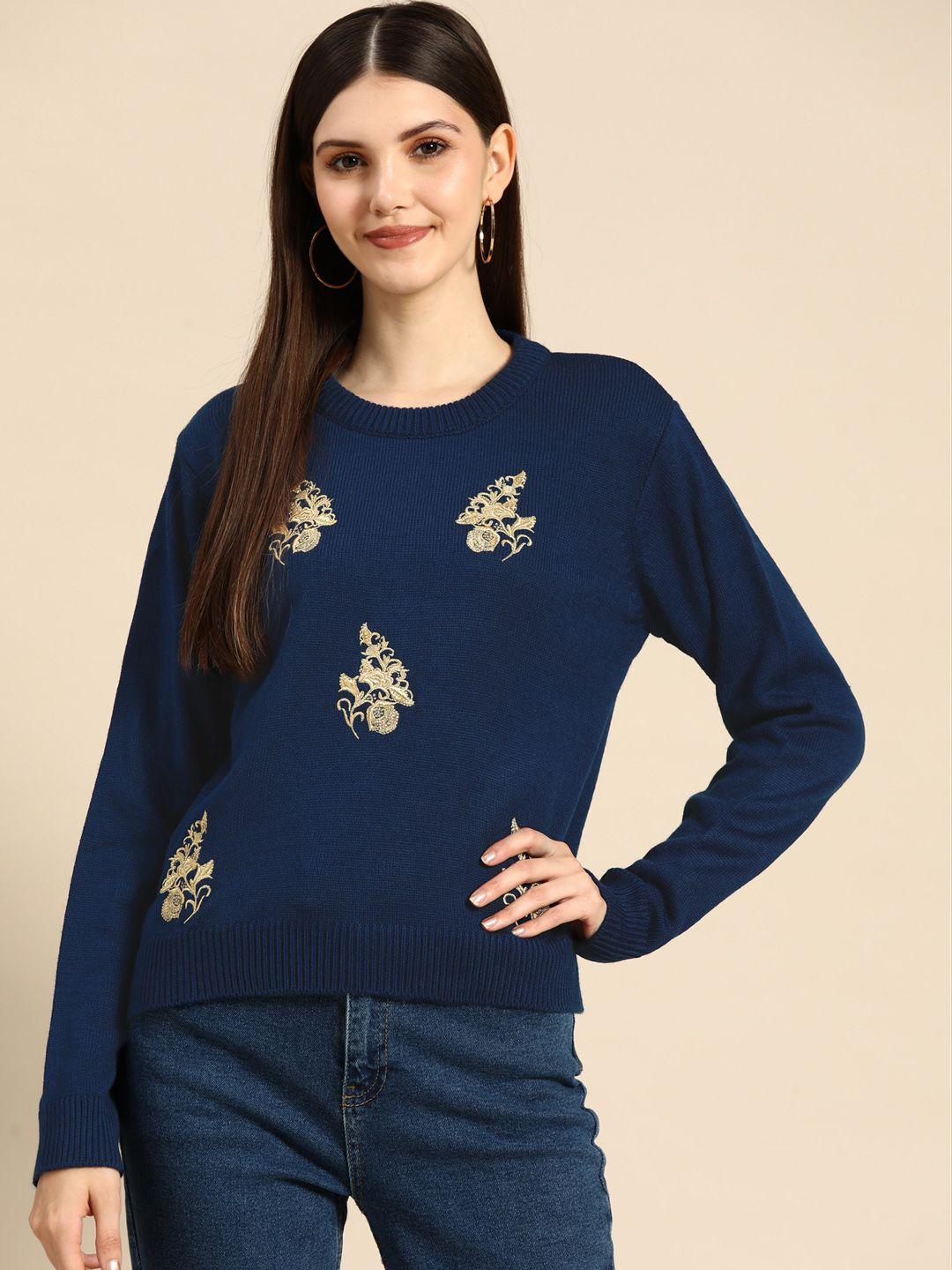 anouk women teal blue & golden embroidered sweater with embroidered detail