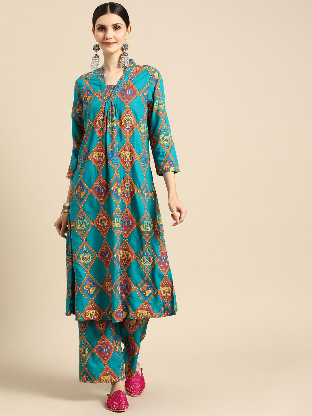 anouk women teal blue & rust orange ethnic motifs printed pure cotton kurta with palazzos