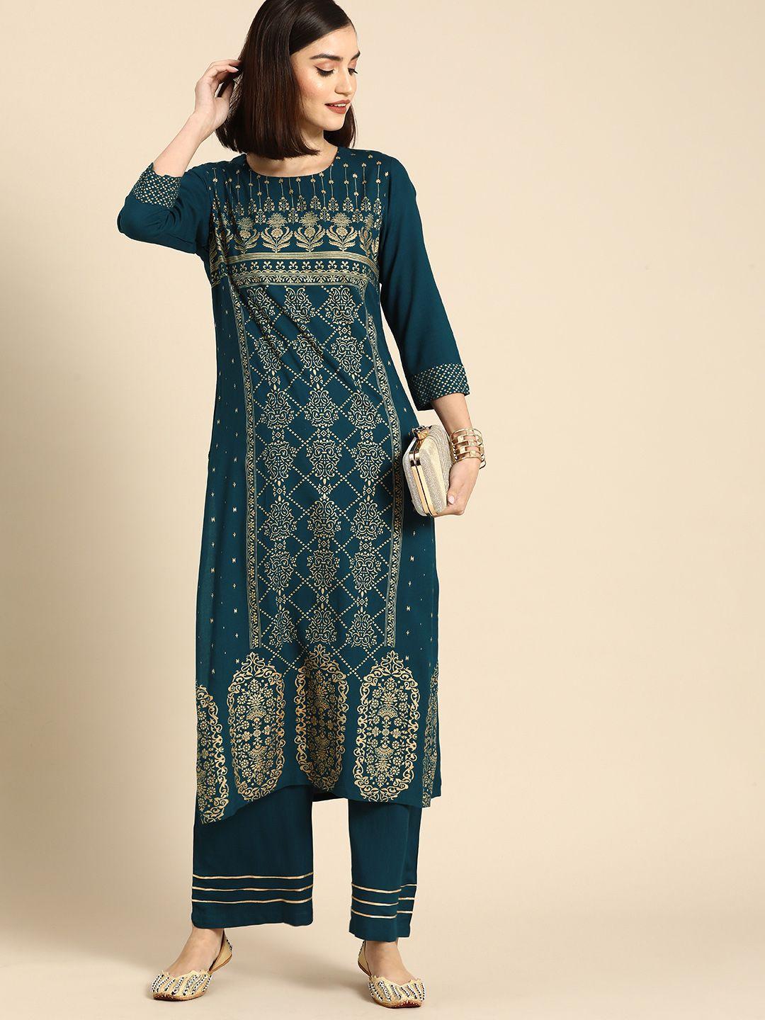 anouk women teal blue ethnic motifs printed regular kurta with palazzos