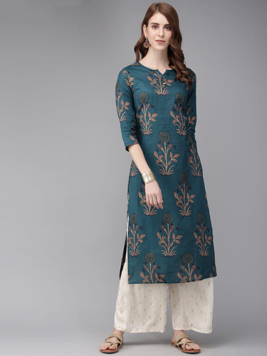 anouk women teal blue floral printed straight kurta