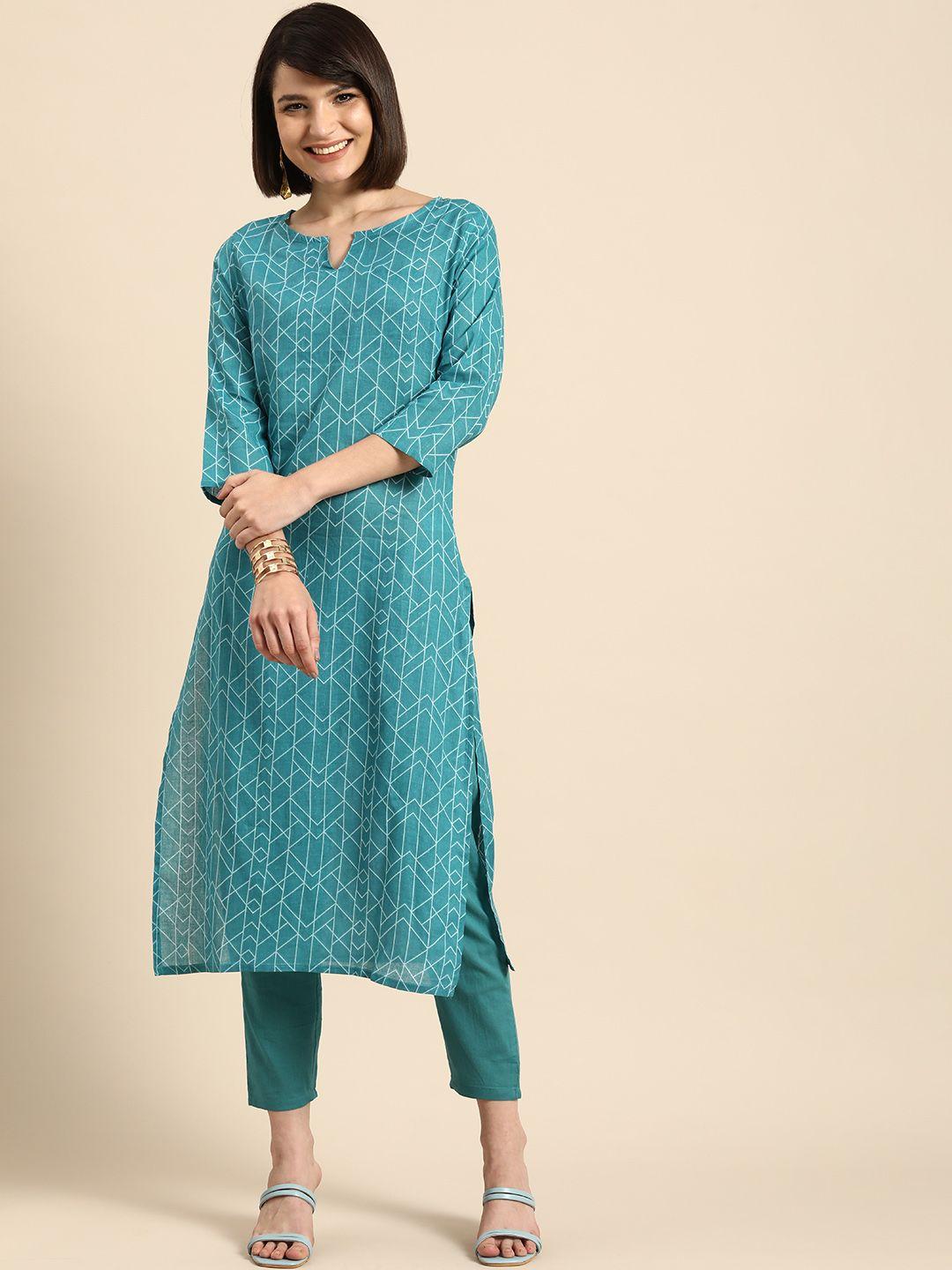 anouk women teal blue printed pure cotton kurta with trousers